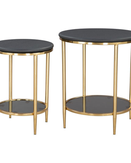 18" Black Genuine Marble And Wood Round Coffee Table