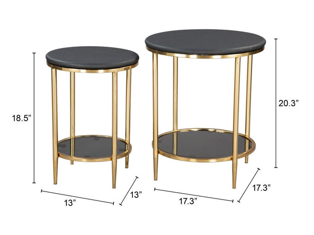 18" Black Genuine Marble And Wood Round Coffee Table