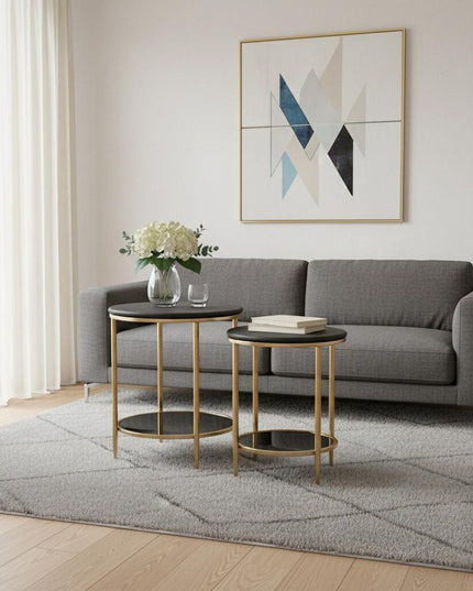 18" Black Genuine Marble And Wood Round Coffee Table