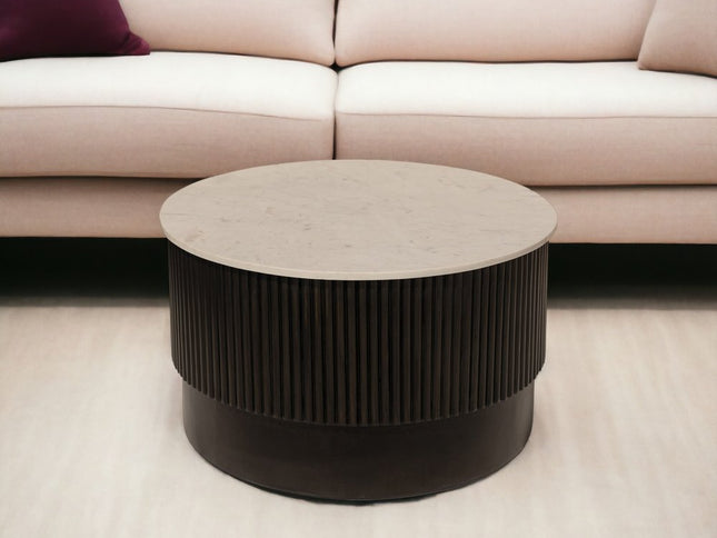 31" White And Dark Brown Genuine Marble And Solid Wood Round Drum Coffee Table