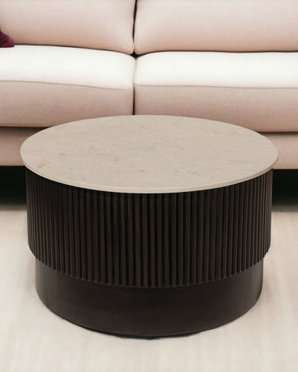 31" White And Dark Brown Genuine Marble And Solid Wood Round Drum Coffee Table