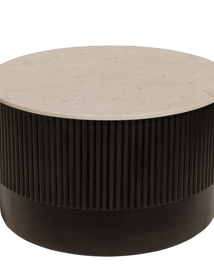 31" White And Dark Brown Genuine Marble And Solid Wood Round Drum Coffee Table