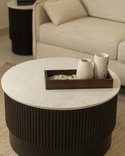 31" White And Dark Brown Genuine Marble And Solid Wood Round Drum Coffee Table