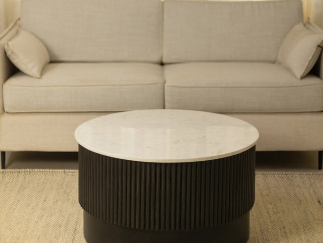 31" White And Dark Brown Genuine Marble And Solid Wood Round Drum Coffee Table