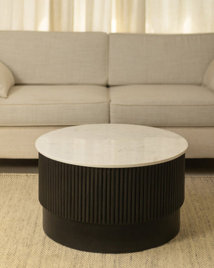 31" White And Dark Brown Genuine Marble And Solid Wood Round Drum Coffee Table