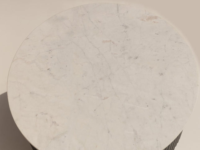 31" White And Dark Brown Genuine Marble And Solid Wood Round Drum Coffee Table