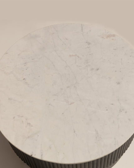 31" White And Dark Brown Genuine Marble And Solid Wood Round Drum Coffee Table