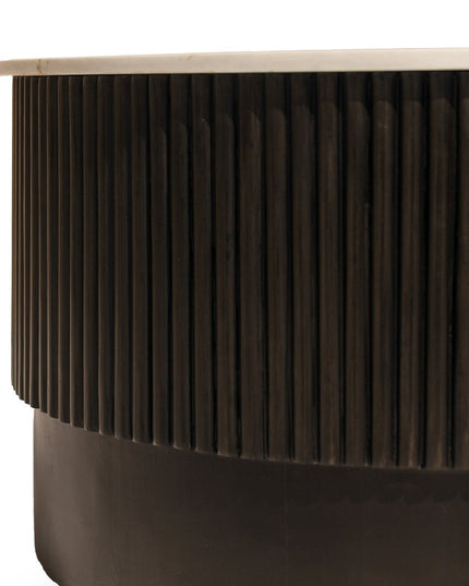 31" White And Dark Brown Genuine Marble And Solid Wood Round Drum Coffee Table