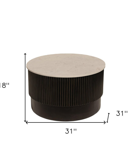 31" White And Dark Brown Genuine Marble And Solid Wood Round Drum Coffee Table
