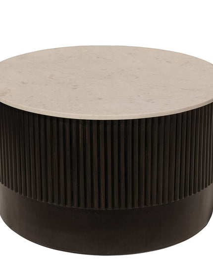31" White And Dark Brown Genuine Marble And Solid Wood Round Drum Coffee Table