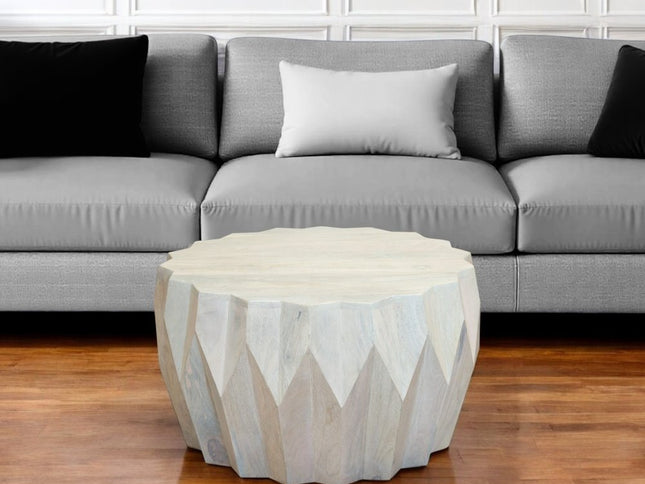 32" Off White Solid Wood Round Block Coffee Table