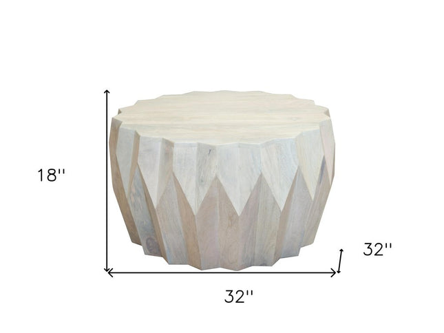 32" Off White Solid Wood Round Block Coffee Table