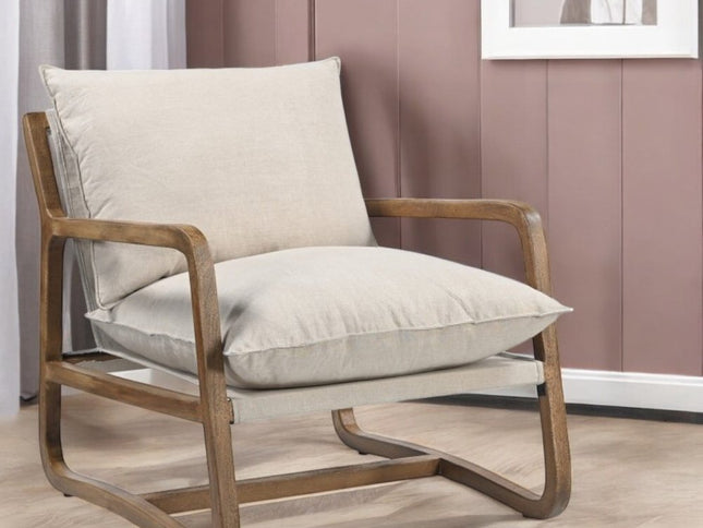 30" Beige And Natural Linen Arm Chair