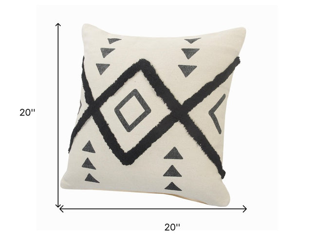 Set of Two 20" Natural And Black Geometric Cotton Throw Pillows with Texture