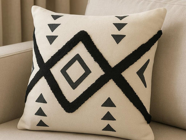 Set of Two 20" Natural And Black Geometric Cotton Throw Pillows with Texture