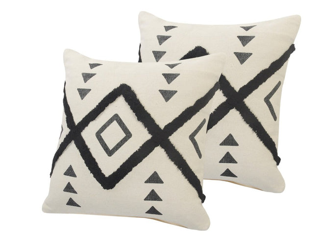 Set of Two 20" Natural And Black Geometric Cotton Throw Pillows with Texture