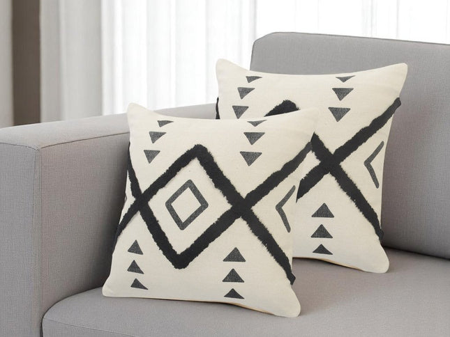 Set of Two 20" Natural And Black Geometric Cotton Throw Pillows with Texture