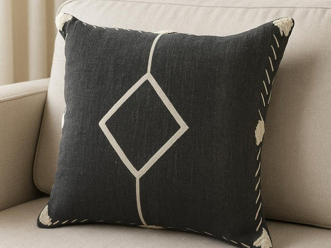 Set of Two 20" Black And Off White Diamond Cotton Throw Pillows