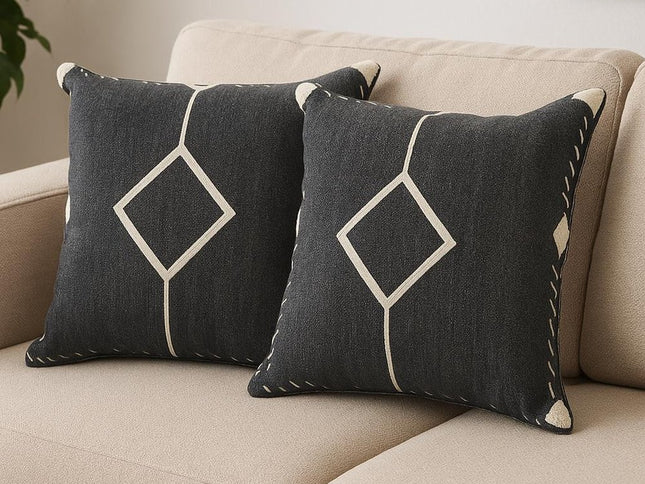 Set of Two 20" Black And Off White Diamond Cotton Throw Pillows