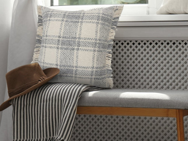 Set of Two 20" Off White And Gray Plaid Cotton Throw Pillows with Fringe