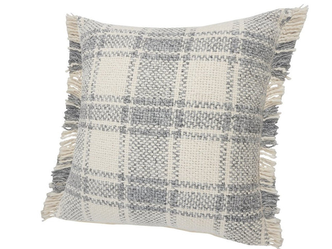 Set of Two 20" Off White And Gray Plaid Cotton Throw Pillows with Fringe