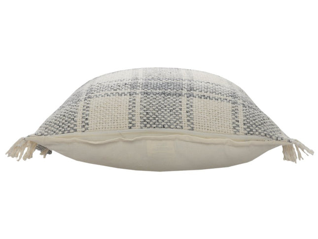 Set of Two 20" Off White And Gray Plaid Cotton Throw Pillows with Fringe