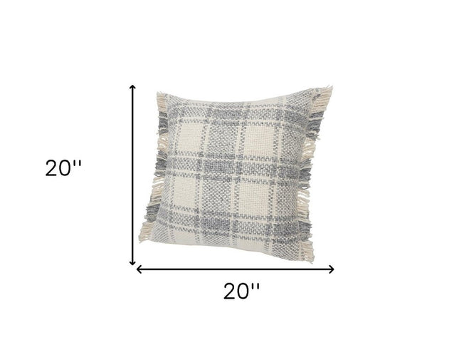 Set of Two 20" Off White And Gray Plaid Cotton Throw Pillows with Fringe