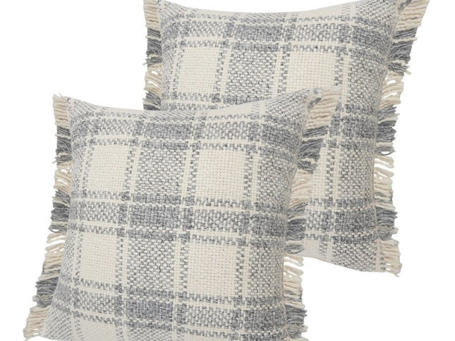 Set of Two 20" Off White And Gray Plaid Cotton Throw Pillows with Fringe