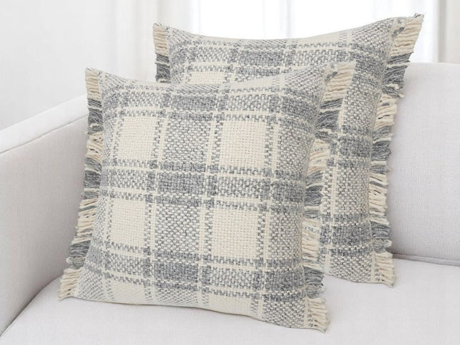 Set of Two 20" Off White And Gray Plaid Cotton Throw Pillows with Fringe