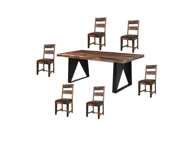 Seven Piece Dark Brown and Black Solid Wood Dining Set with Six Chairs