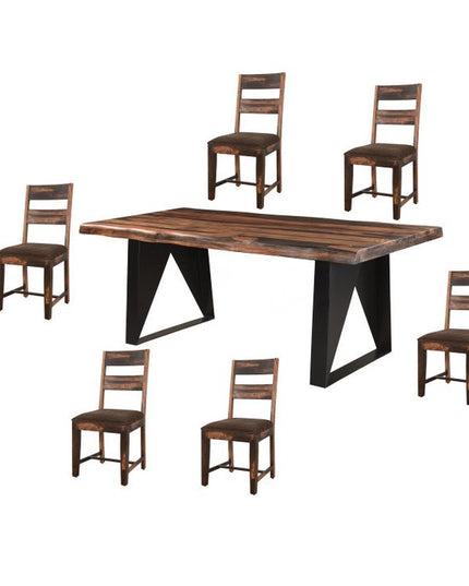 Seven Piece Dark Brown and Black Solid Wood Dining Set with Six Chairs