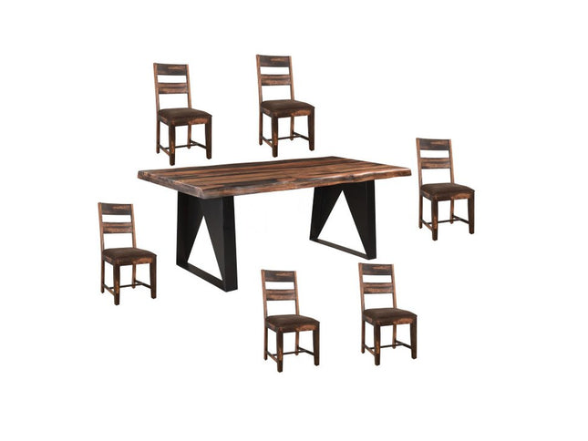 Seven Piece Dark Brown and Black Solid Wood Dining Set with Six Chairs
