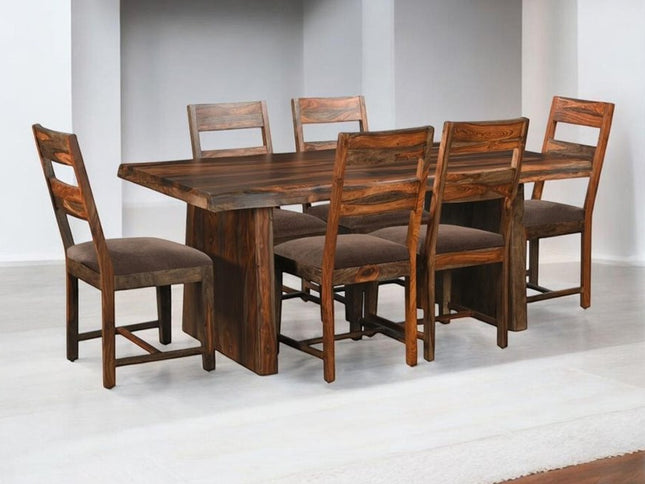 Seven Piece Dark Brown Solid Wood Dining Set with Six Chairs