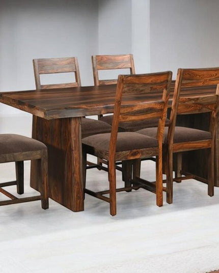 Seven Piece Dark Brown Solid Wood Dining Set with Six Chairs