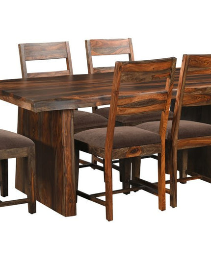 Seven Piece Dark Brown Solid Wood Dining Set with Six Chairs