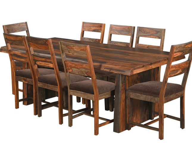 Nine Piece Dark Brown Solid Wood Dining Set with Eight Chairs