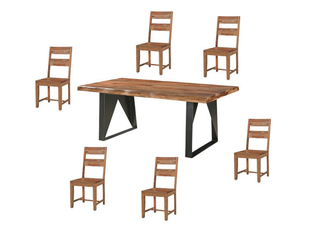 Seven Piece Brown and Black Solid Wood Dining Set with Six Chairs