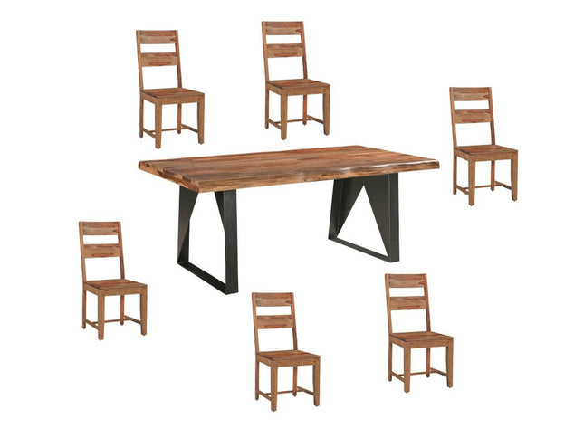 Seven Piece Brown and Black Solid Wood Dining Set with Six Chairs