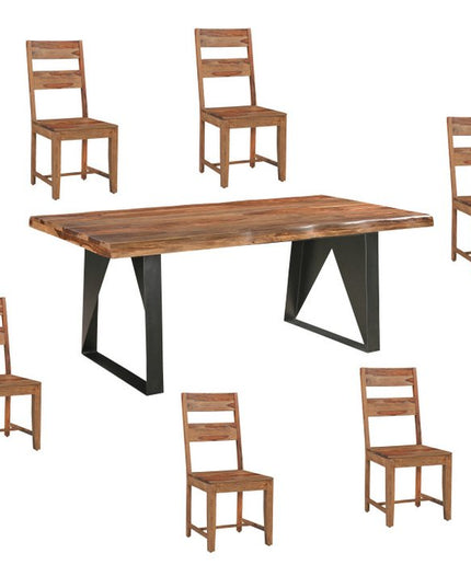 Seven Piece Brown and Black Solid Wood Dining Set with Six Chairs