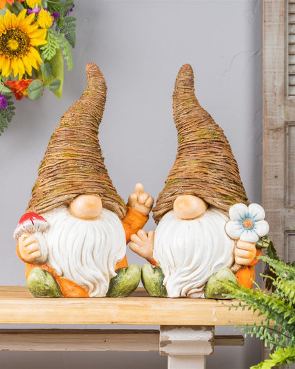Set of Two Brown Polyresin Standing Gnome Tabletop Sculpture