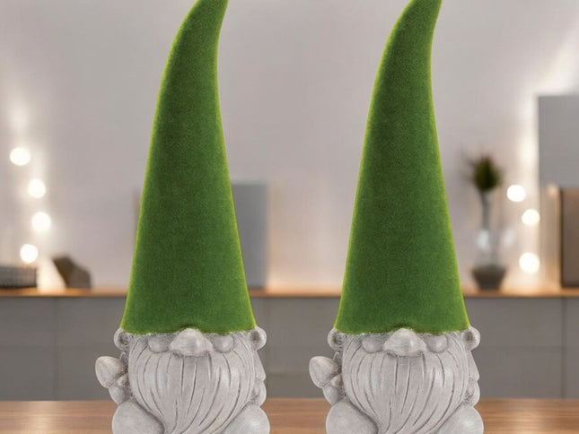 Set of Two Green Terracotta Standing Gnome Tabletop Sculpture