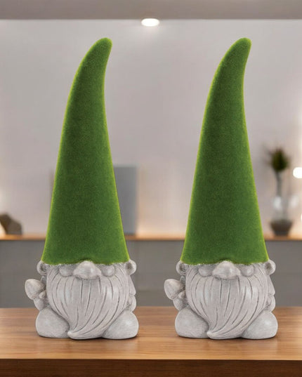 Set of Two Green Terracotta Standing Gnome Tabletop Sculpture
