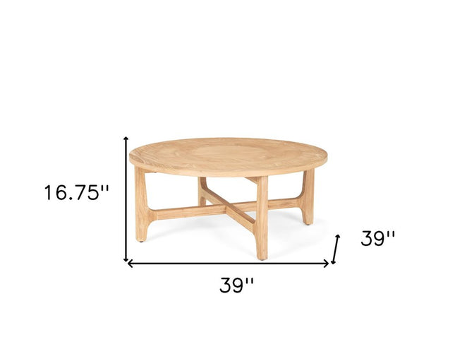39" Natural and White Solid Wood Round Distressed Coffee Table