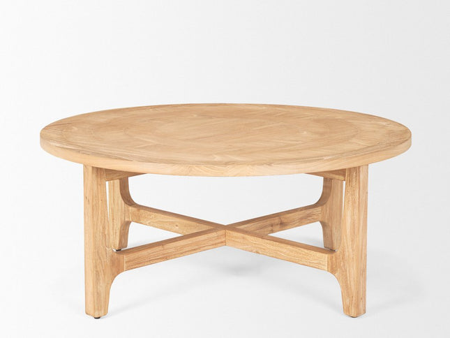 39" Natural and White Solid Wood Round Distressed Coffee Table