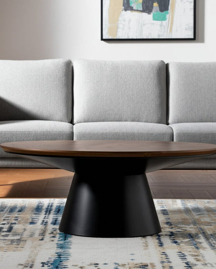 40" Brown and Black Solid Wood and Iron Round Pedestal Coffee Table