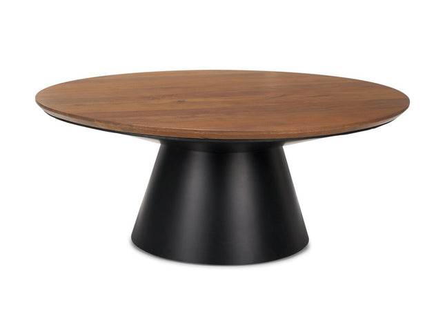 40" Brown and Black Solid Wood and Iron Round Pedestal Coffee Table