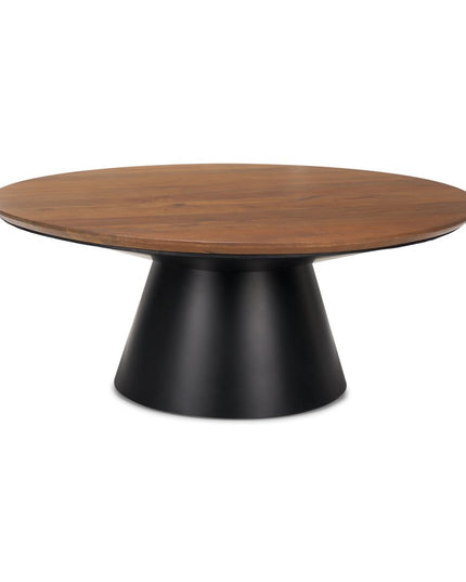 40" Brown and Black Solid Wood and Iron Round Pedestal Coffee Table