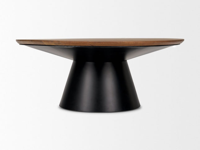 40" Brown and Black Solid Wood and Iron Round Pedestal Coffee Table