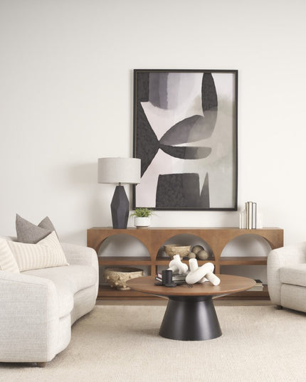 40" Brown and Black Solid Wood and Iron Round Pedestal Coffee Table