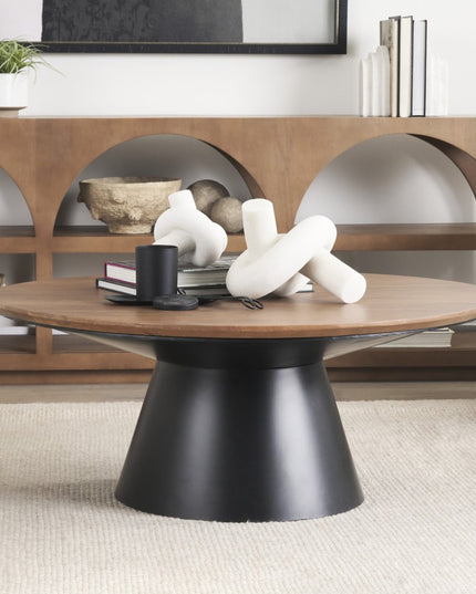 40" Brown and Black Solid Wood and Iron Round Pedestal Coffee Table